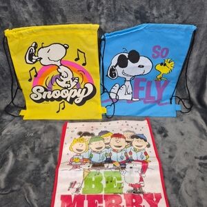 2 X Peanuts Snoopy Backpack Drawstring &reusable Merry Christmas Plastic Bag